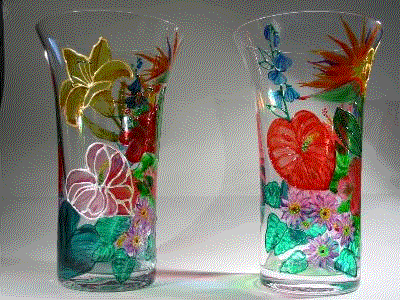 Animated GIF Image of Tropical flowers Handpainted on 2 Crystal Vases